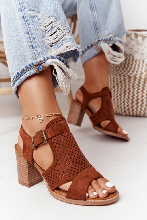 Openwork Sandals On A Block Heel Camel Hey Lover