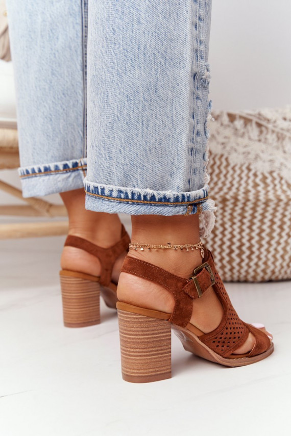 Openwork Sandals On A Block Heel Camel Hey Lover