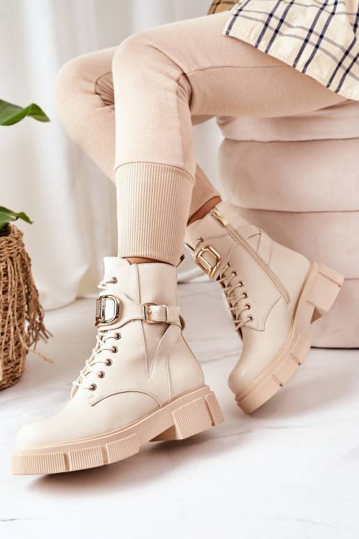 Insulated Boots With Golden Buckle Beige Maybelle