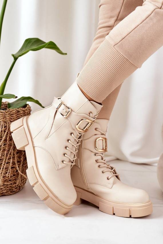Insulated Boots With Golden Buckle Beige Maybelle
