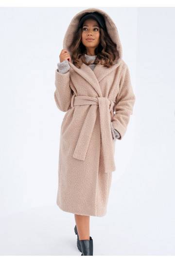Nude boucle coat with a hood