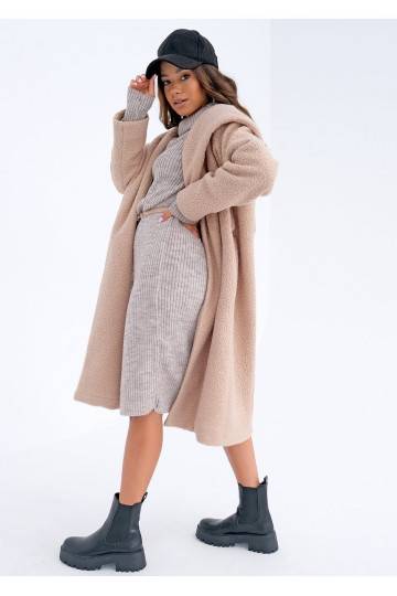 Nude boucle coat with a hood 2