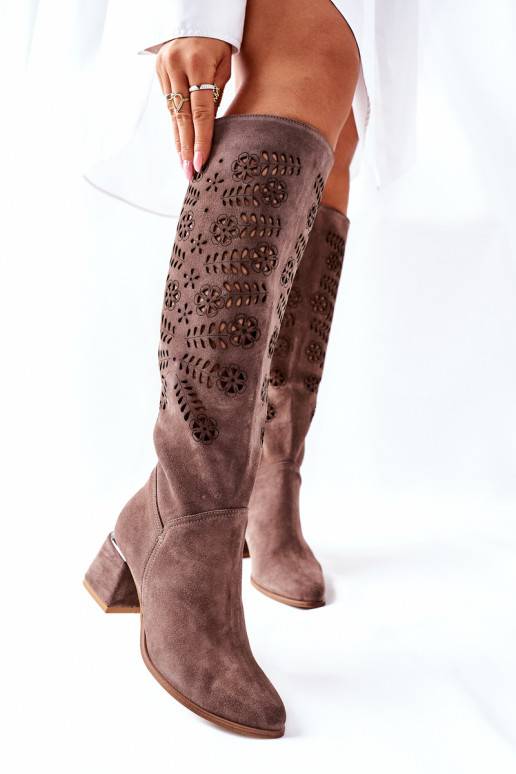 Openwork Suede High Boots Brown Romena