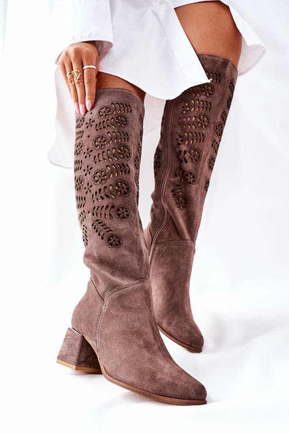 Openwork Suede High Boots Brown Romena