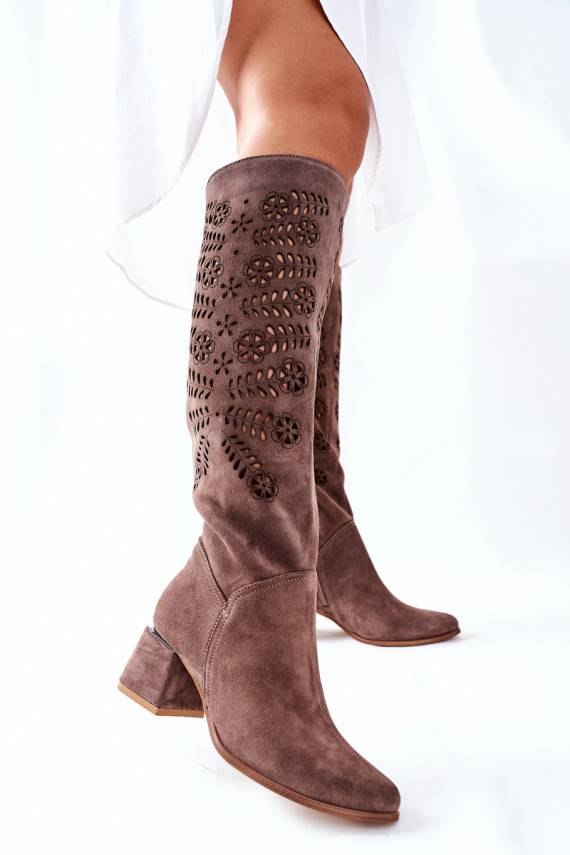 Openwork Suede High Boots Brown Romena