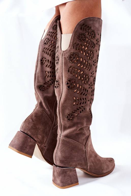 Openwork Suede High Boots Brown Romena Openwork Suede High Boots Brown Romena