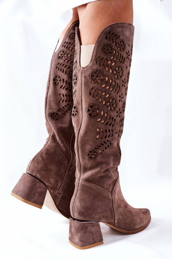 Openwork Suede High Boots Brown Romena