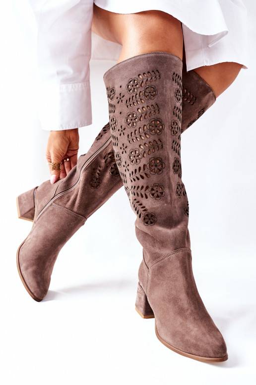 Openwork Suede High Boots Brown Romena Openwork Suede High Boots Brown Romena