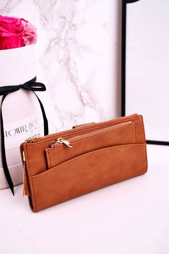 Large Women's Wallet With An Extra Purse And Fringes Brown