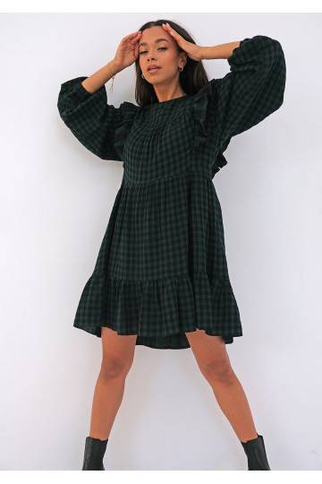 Mini checked green cotton dress with frills 2