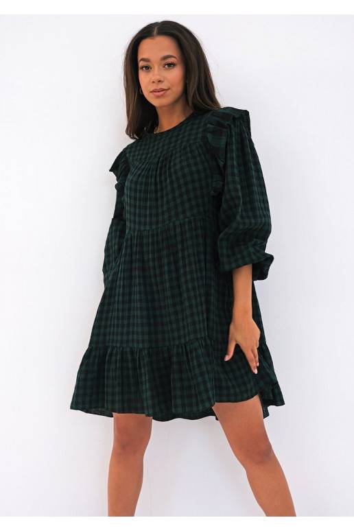 Mini checked green cotton dress with frills
