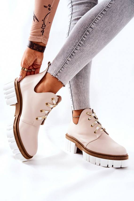 Leather Cutout Tiered Boots Beige Kaxo