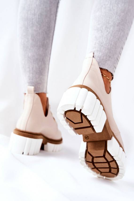 Leather Cutout Tiered Boots Beige Kaxo
