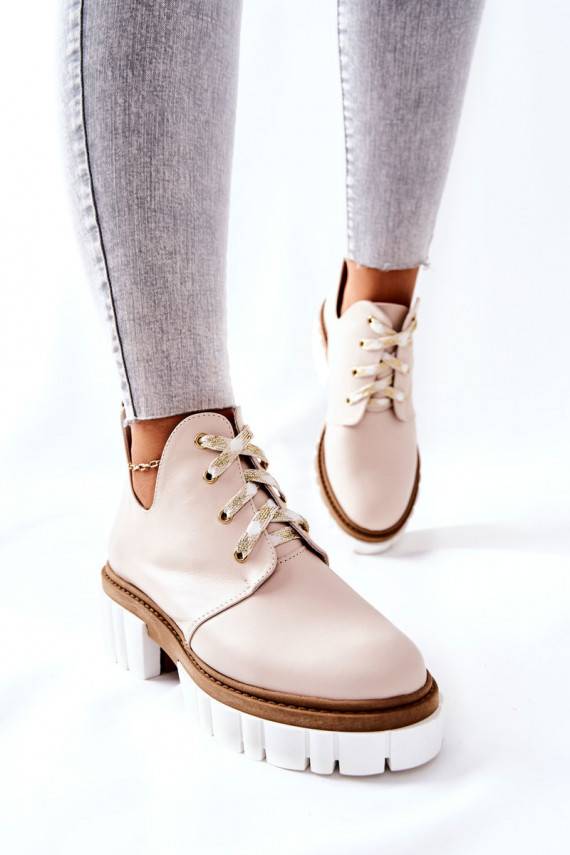 Leather Cutout Tiered Boots Beige Kaxo