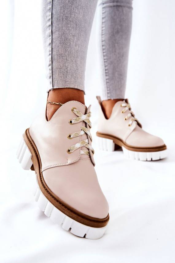 Leather Cutout Tiered Boots Beige Kaxo