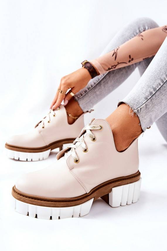 Leather Cutout Tiered Boots Beige Kaxo