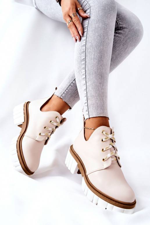 Leather Cutout Tiered Boots Beige Kaxo