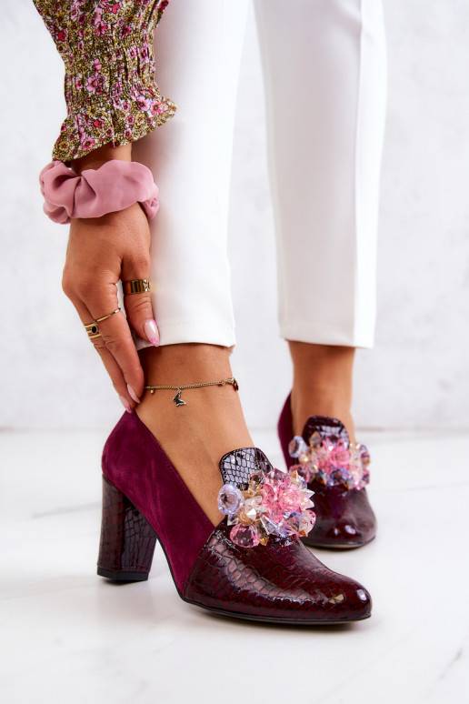 Suede Snakeskin Pumps With Ornament Maroon Mallory 