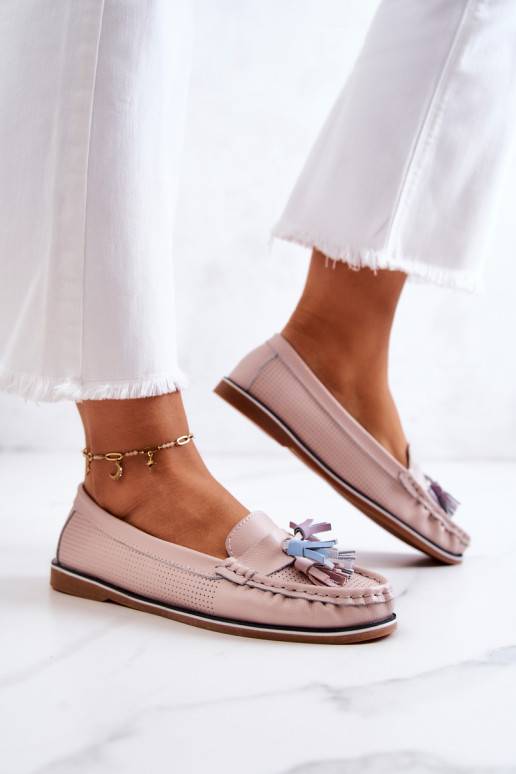 Women's Leather Loafers With Fringes Pink Laressa