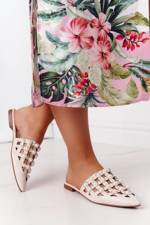 Women's Slippers With Pearls Beige Ripple