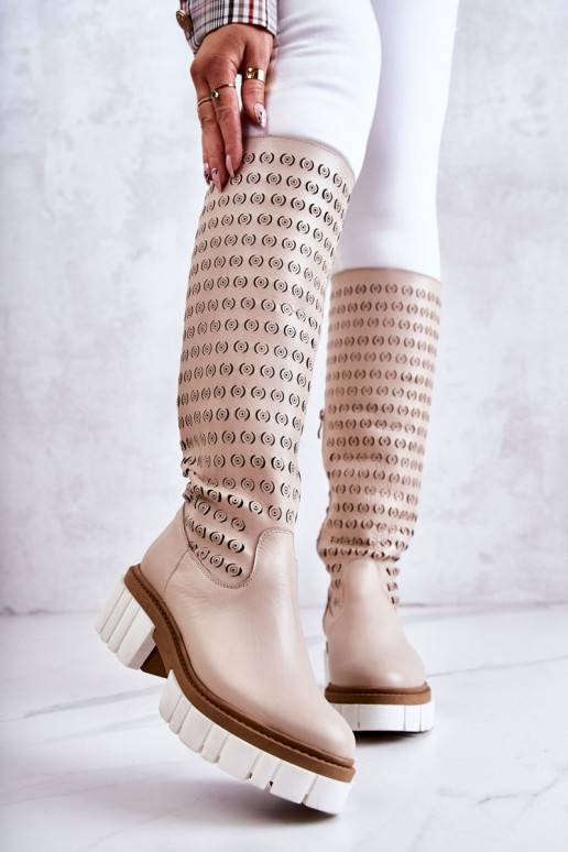 Openwork Leather Boots With Zipper Beige Lativia