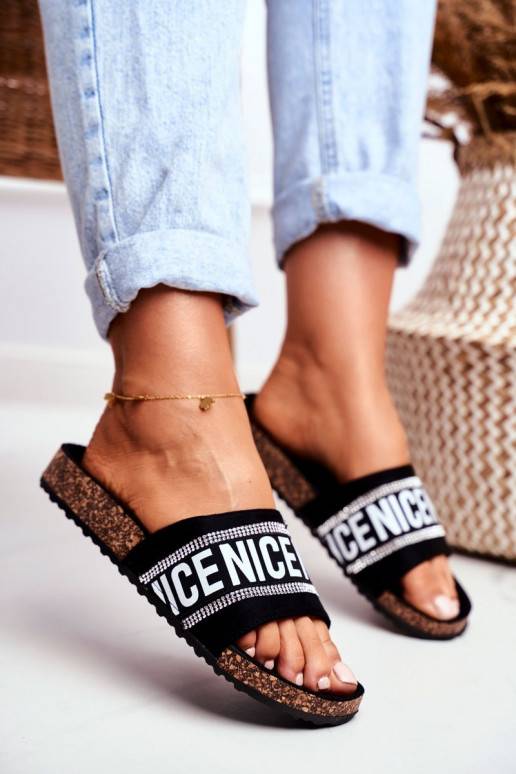 Slippers On Cork Sole With Cubic Zirconia Black Be Nice