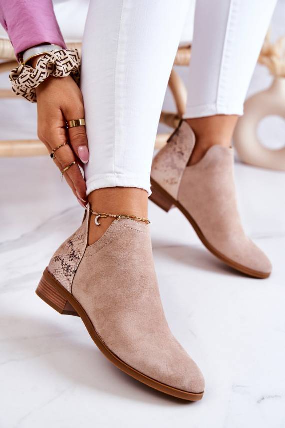 Suede Ankle Boots with Snakeskin Pattern Beige Stephanie
