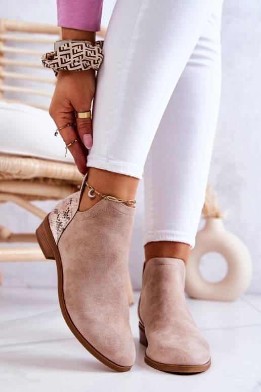 Suede Ankle Boots with Snakeskin Pattern Beige Stephanie