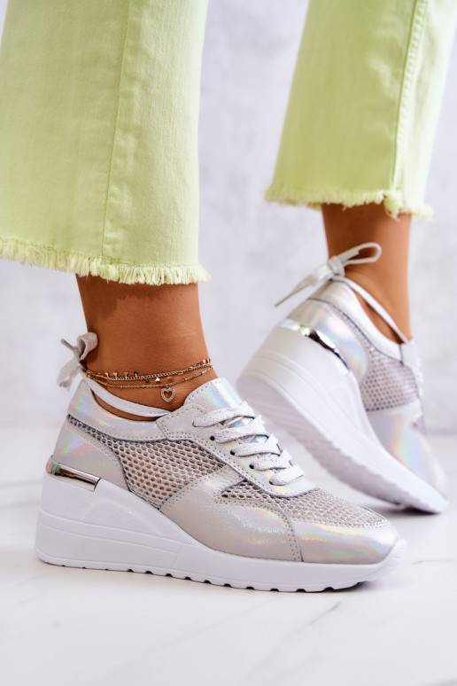 Leather Mesh Wedge Sneakers S.Barski Silver