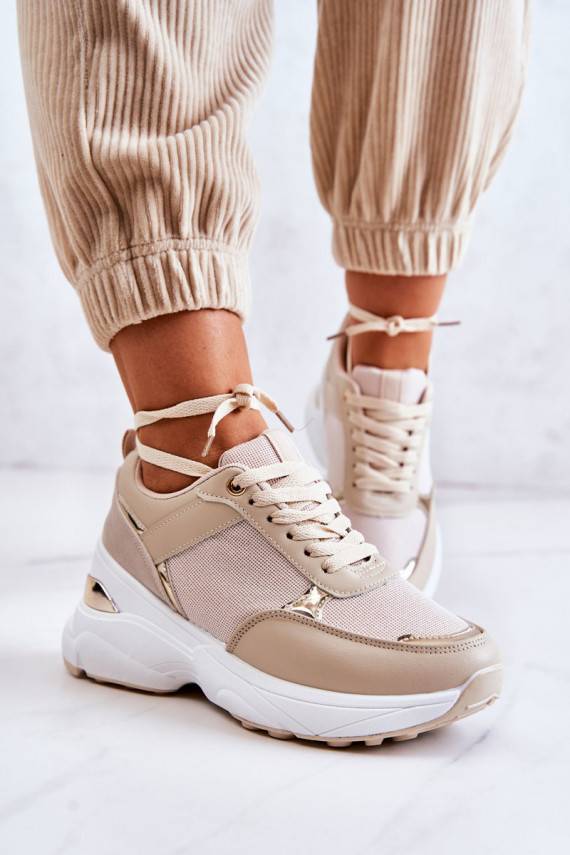 Women's Shiny Wedge Sport Shoes Beige Activity