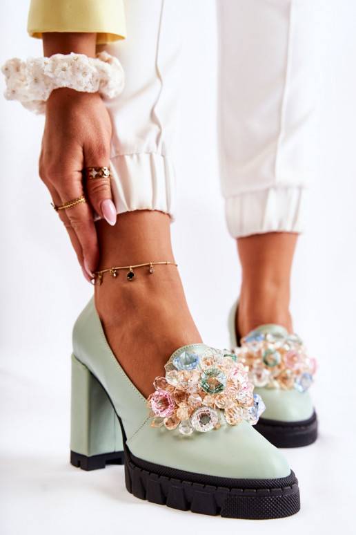 Elegant Pumps With Ornament Smooth Green Caterine 