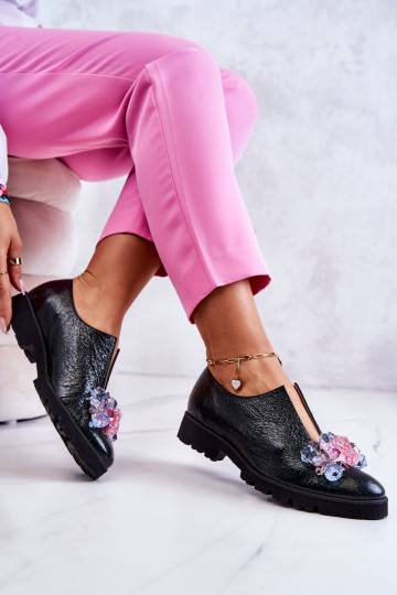 Elegant Leather Shoes With Ornament Dark green Cindy  2