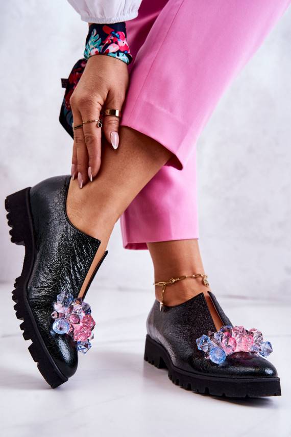 Elegant Leather Shoes With Ornament Dark green Cindy 