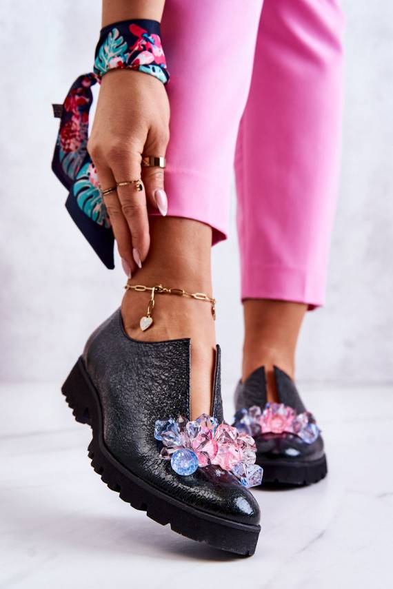 Elegant Leather Shoes With Ornament Dark green Cindy 