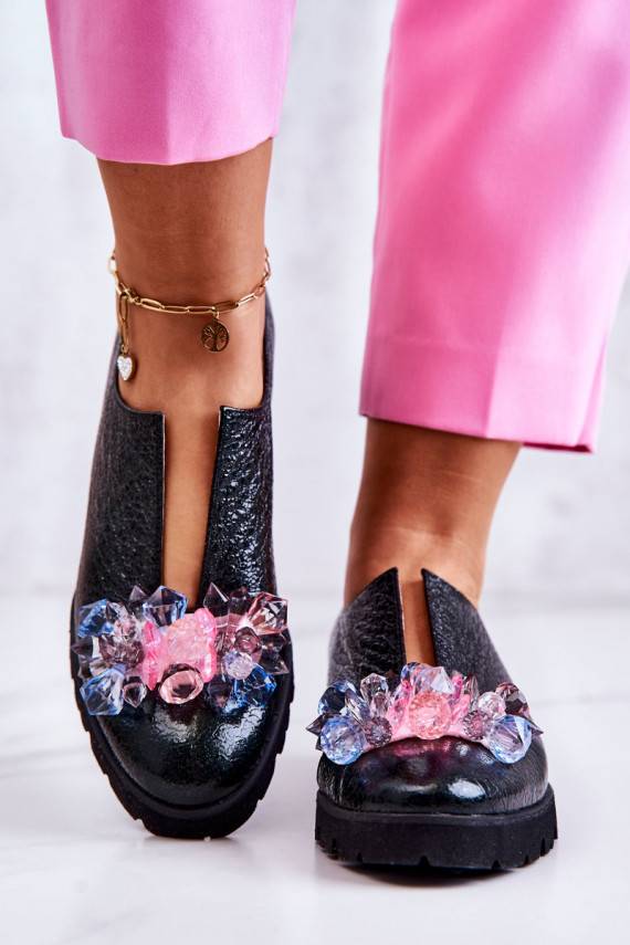 Elegant Leather Shoes With Ornament Dark green Cindy 