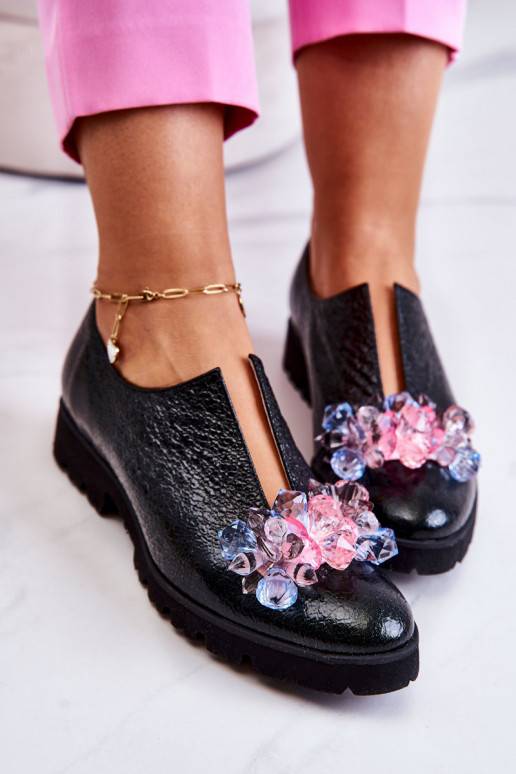 Elegant Leather Shoes With Ornament Dark green Cindy  Elegant Leather Shoes With Ornament Dark green Cindy