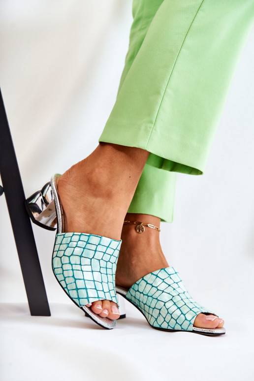 Leather Women's Slippers Crocodile pattern On Heel Light green Perry
