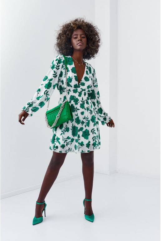 The dress with floral patternswhite-green color 89440 The dress with floral patternswhite-green color 89440