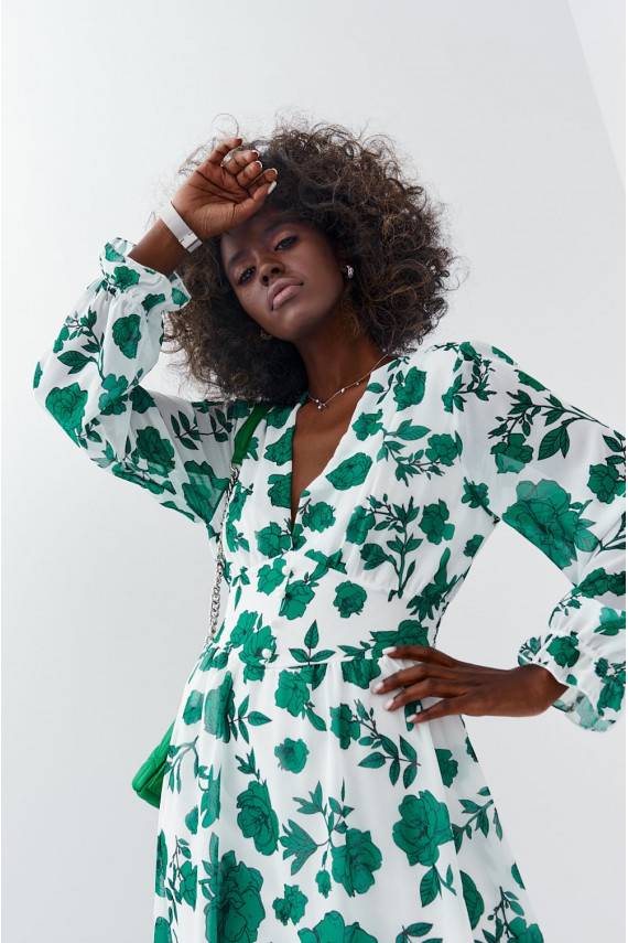 The dress with floral patternswhite-green color 89440