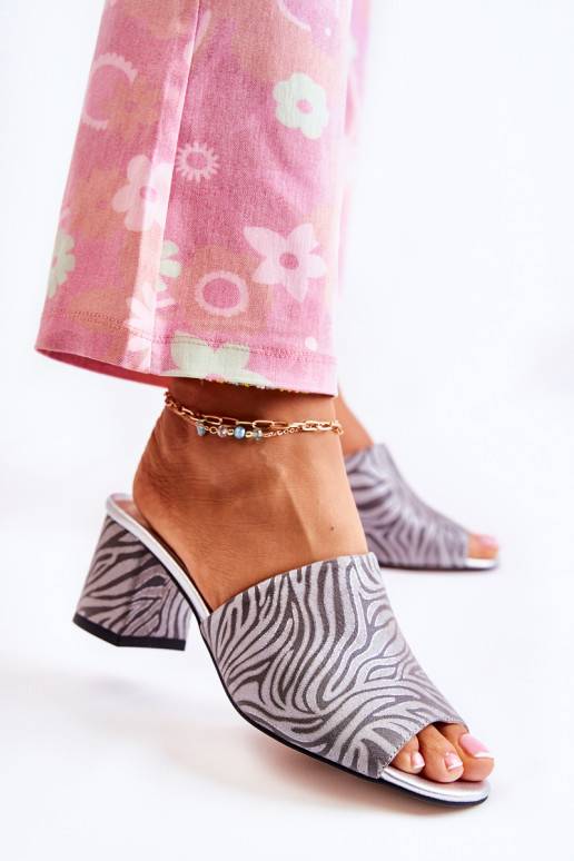 Leather Women's Slippers On High Heel Zebra Grey Nessita