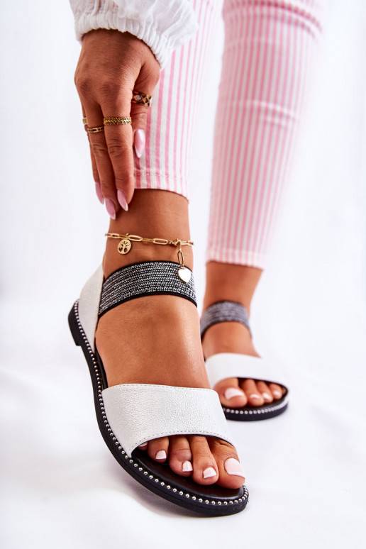 Classic Leather Sandals With Studs Silver Shelly