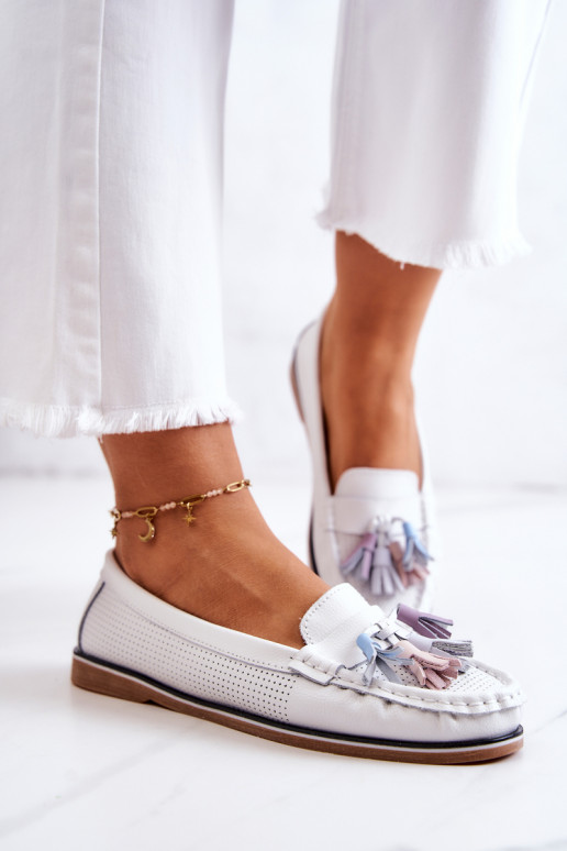 Women's Leather Loafers With Fringes White Laressa