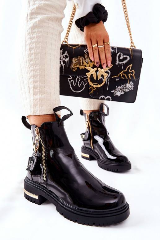 Classic Lacquered Boots With Strap Black Lorie Classic Lacquered Boots With Strap Black Lorie
