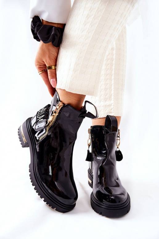 Classic Lacquered Boots With Strap Black Lorie Classic Lacquered Boots With Strap Black Lorie