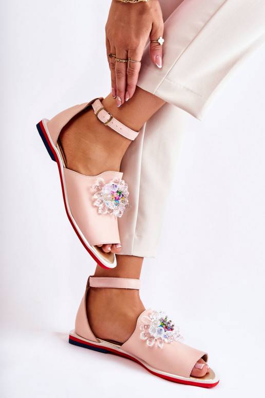 Women's Leather Sandals With Decoration Light pink Nevassa 