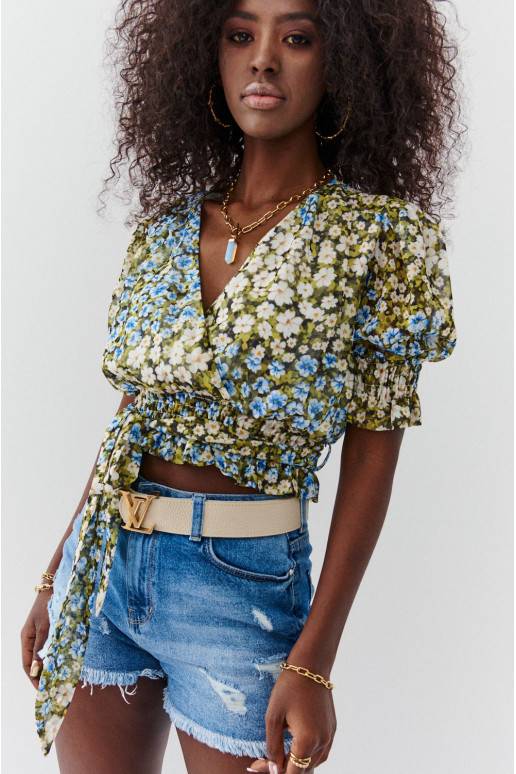Short blouse  with floral patterns with strap Green-blue