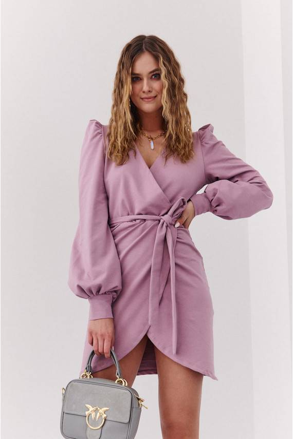 Dress in a twisted pattern blown sleeves cappuccino color