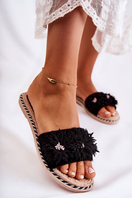 Women's Slippers With Material Flowers Black Susana