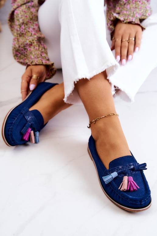 Women's Suede Loafers With Fringes Navy Laressa Women's Suede Loafers With Fringes Navy Laressa