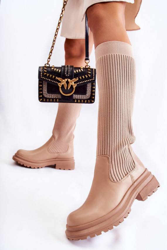Ribbed Women's Boots On Flat Heel Beige Allys